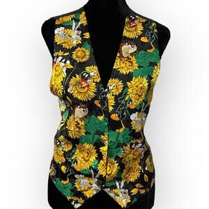 Looney Tunes 90s Vest Womens M Black Sunflower Satin VTG Tweety Taz Bugs Bunny